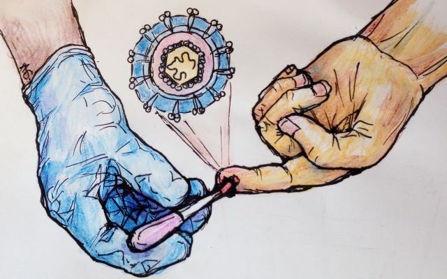 Image: Illustration of finger-stick blood draw for hepatitis C testing with inserted sketch of the virus (Photo courtesy of Alice C. Gray)